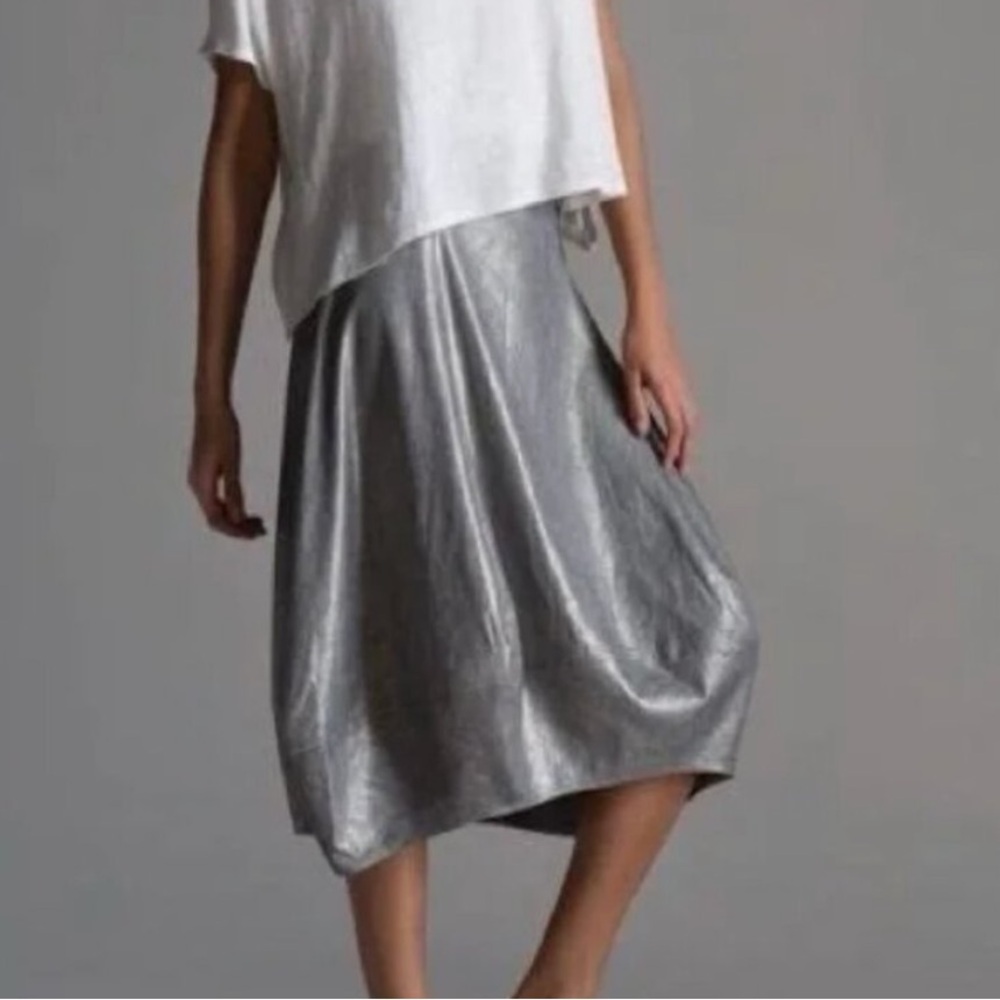 EILEEN FISHER LANTERN SKIRT SILVER METALLIC LINEN-BLEND SIZE Medium